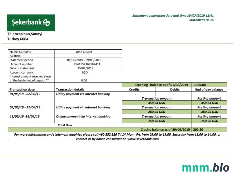 Szablon wyciągu bankowego Turcja Odeabank w programie Word i PDF